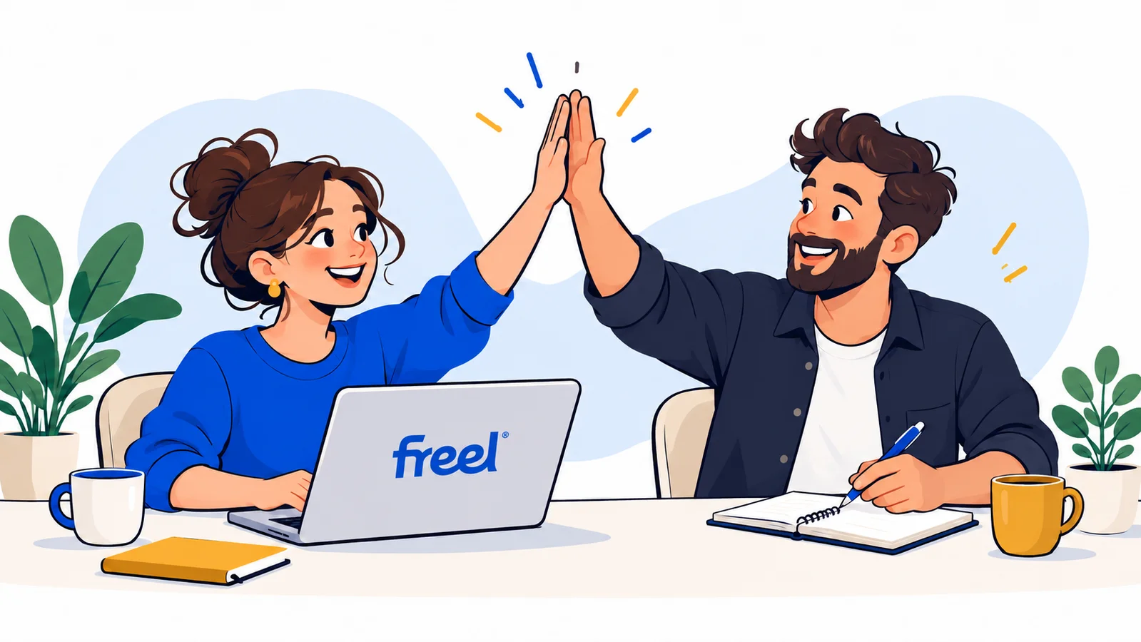A freelancer and an employer high-five as they start working together, with the Freel logo on the laptop.